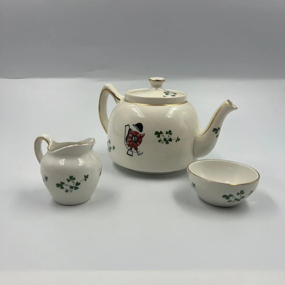 Vintage Carrigaline Ireland Fox Hunt Tea Set Teapot Creamer Sugar Shamrocks Gold